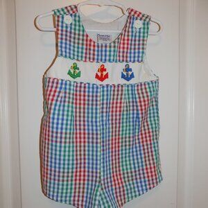 SAMARA Vintage 24M Boys Red Green Blue Check Seersucker Romper Anchors Sailor